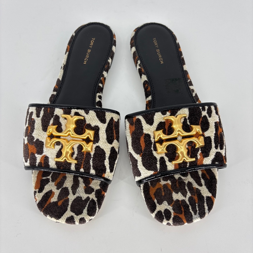 Tory Burch Eleanor Slide Sandals Reva Leopard/Black Women Size 8.5 Gold Logo